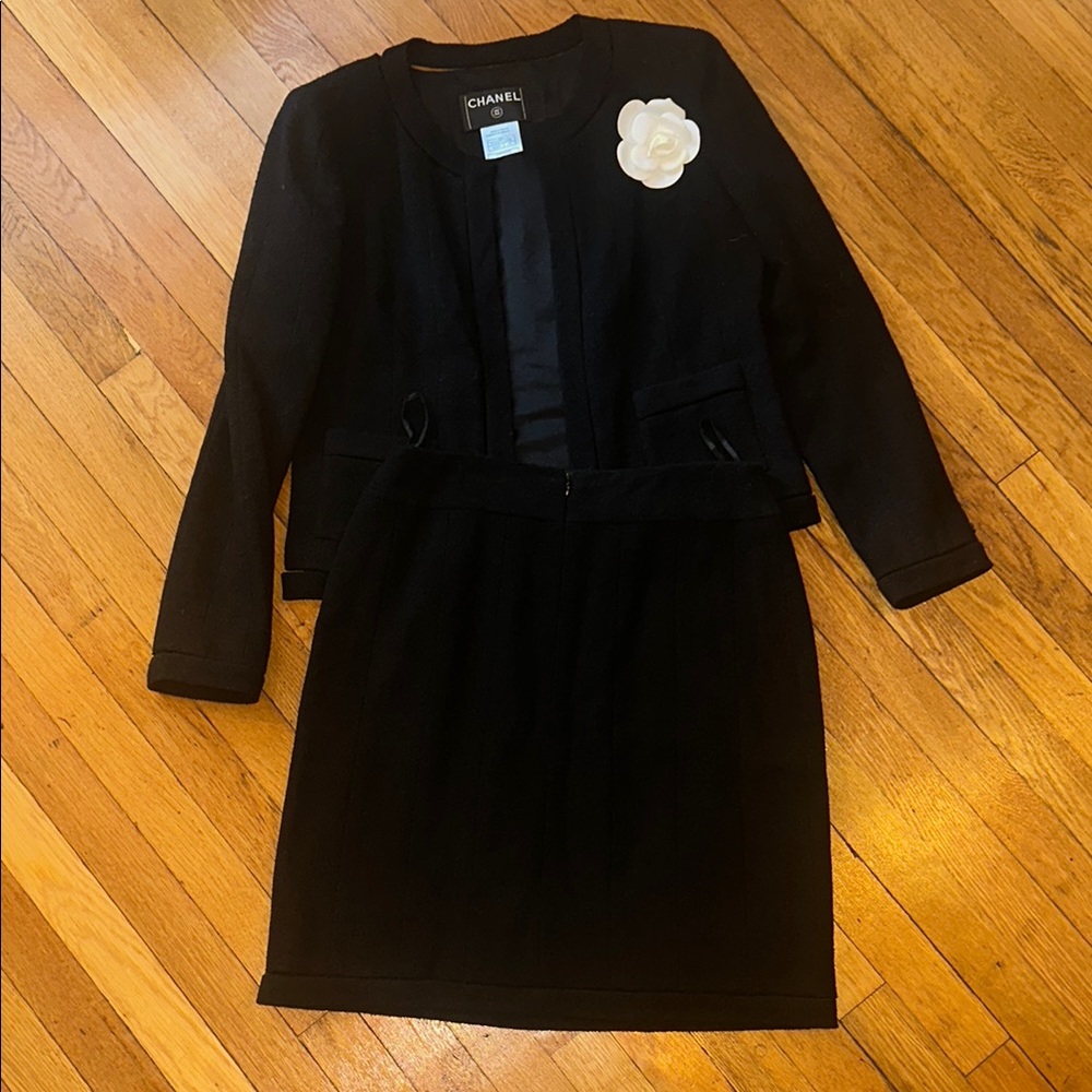 Chanel Black Collarless Jacket and Skirt Set